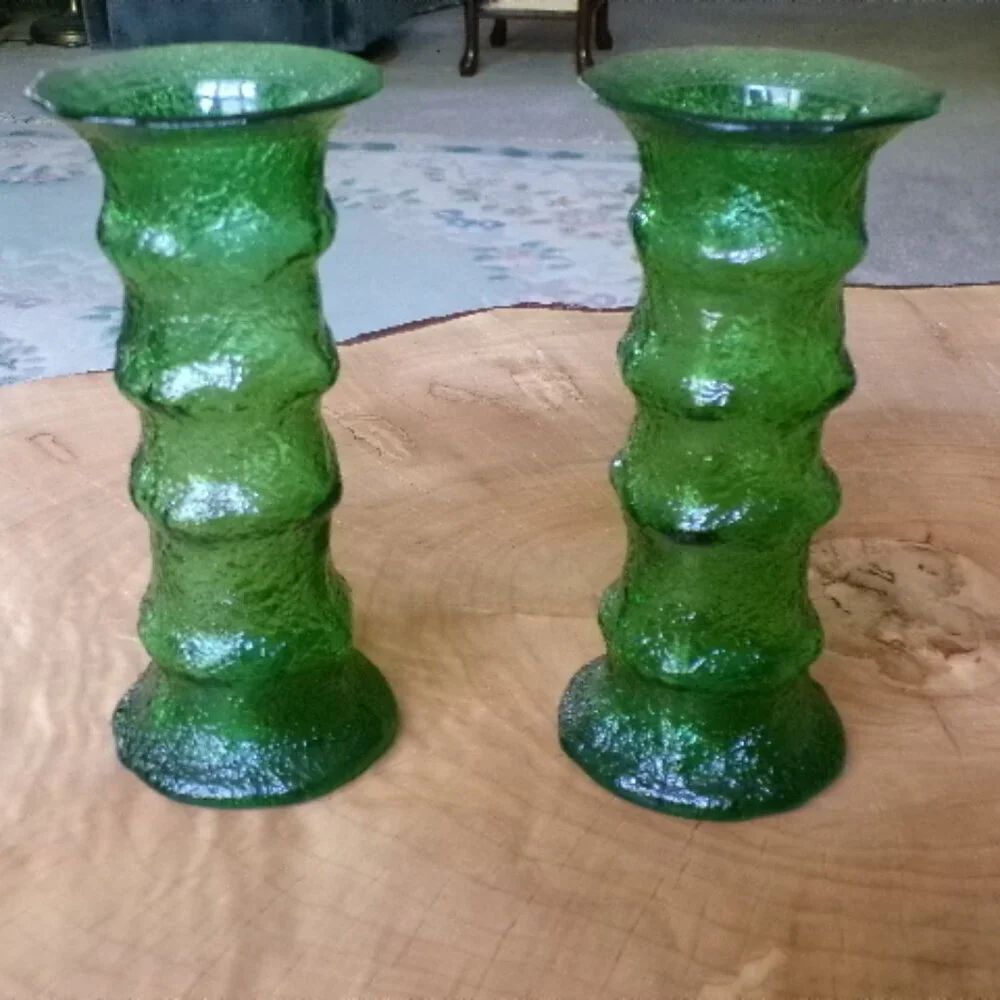 ✨️💐Rare E.O. Brody Emerald Crinkle Glass Vases/Candleholders  🇺🇸 USA Made